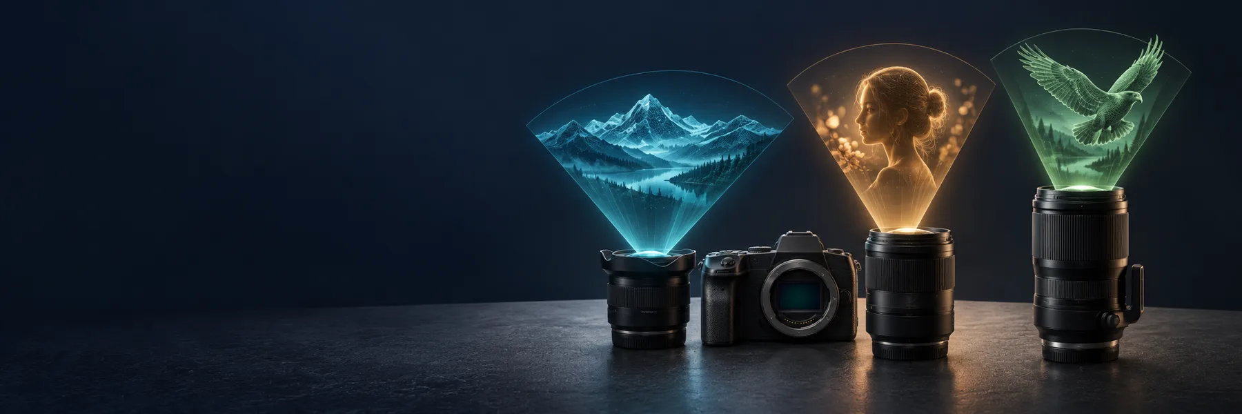 Imaginative camera and lenses projecting a mountain landscape, a portrait and a bird in cyan, amber and green light.